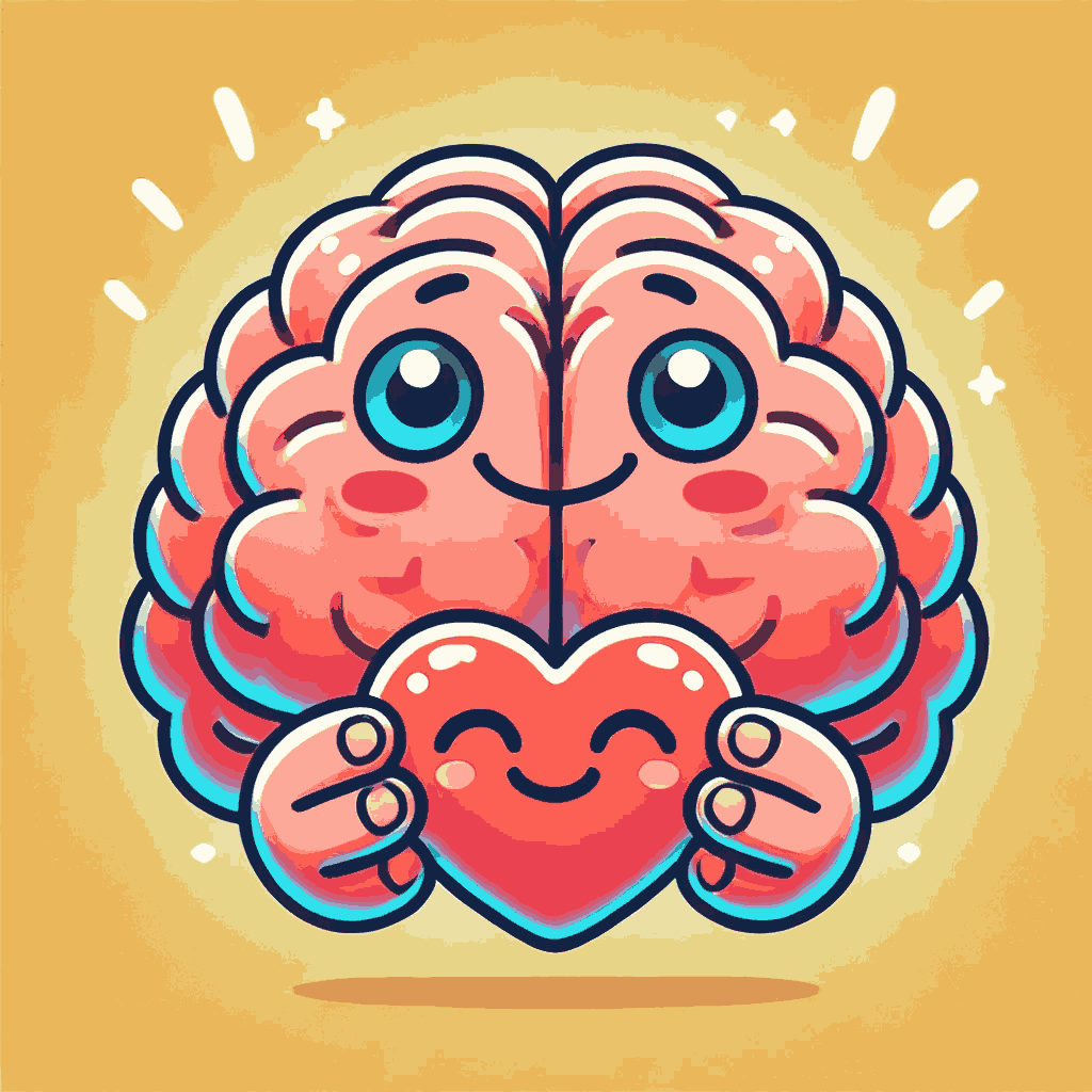 Cartoon of a happy brain with a heart representing mental wellness.
