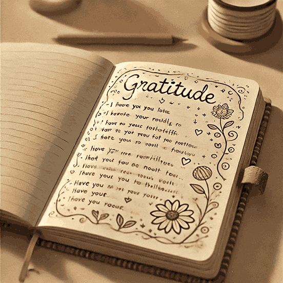 A notebook showing a gratitude journal entry to promote a healthy mind.
