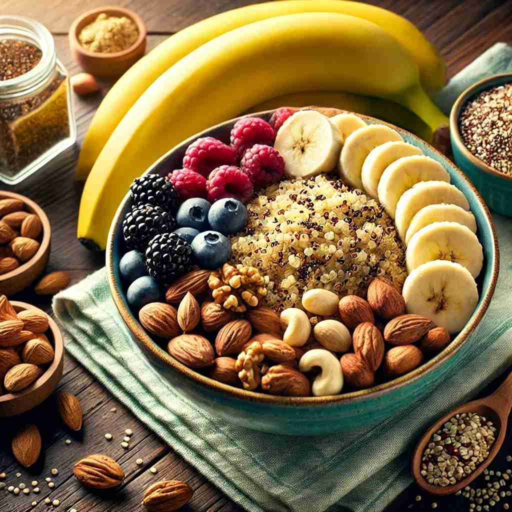 Boost energy with superfoods like quinoa, bananas, and nuts.