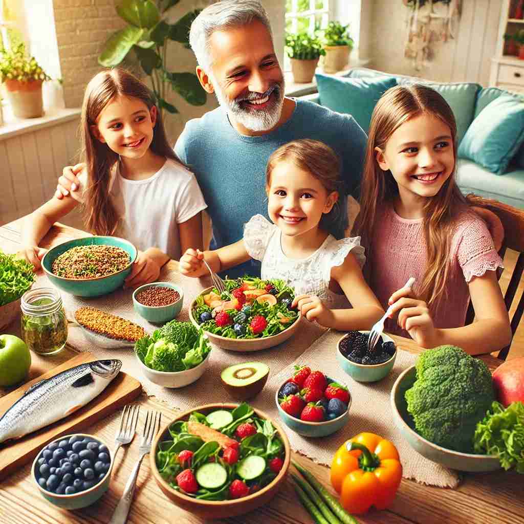 Family enjoying a healthy meal full of superfoods.