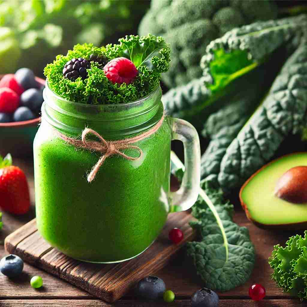 Real-life example of a superfood smoothie with kale and berries for energy.