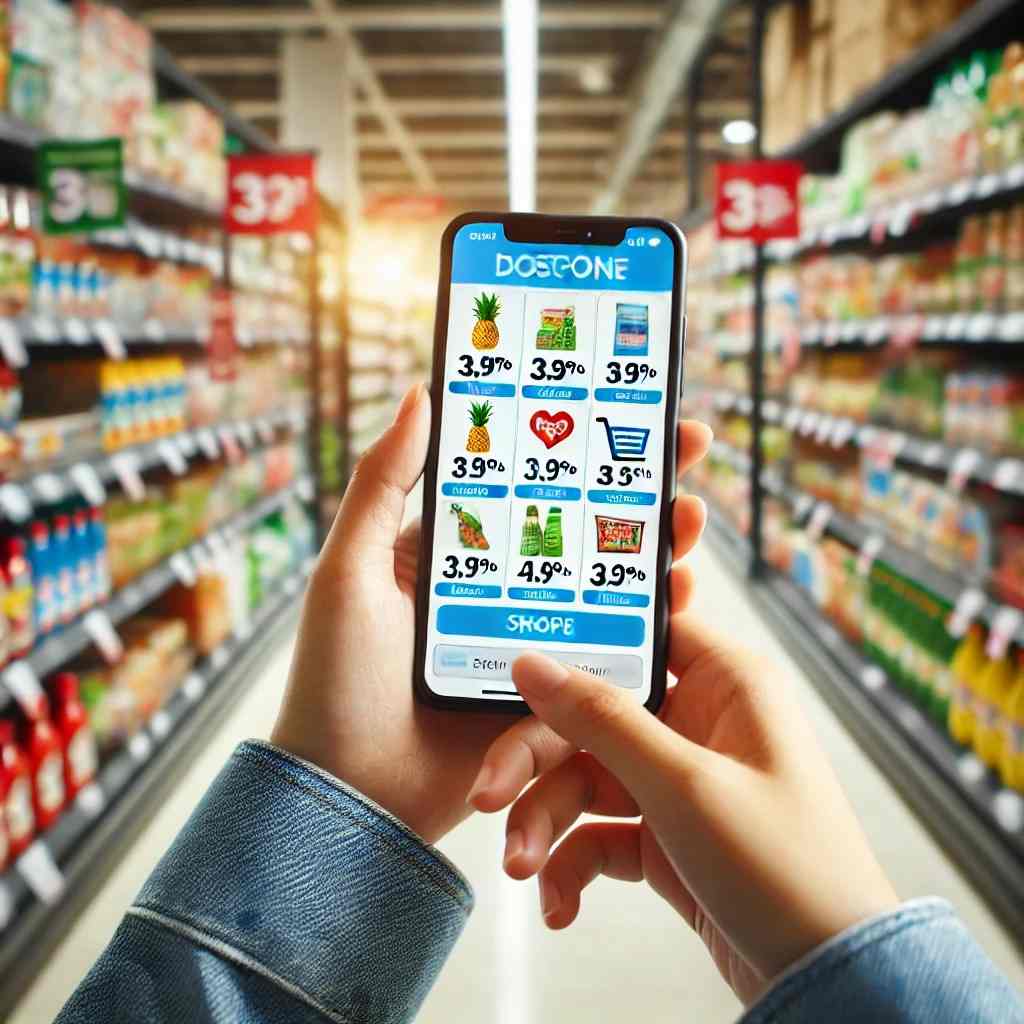 Using a smartphone app to find grocery store coupons for savings.