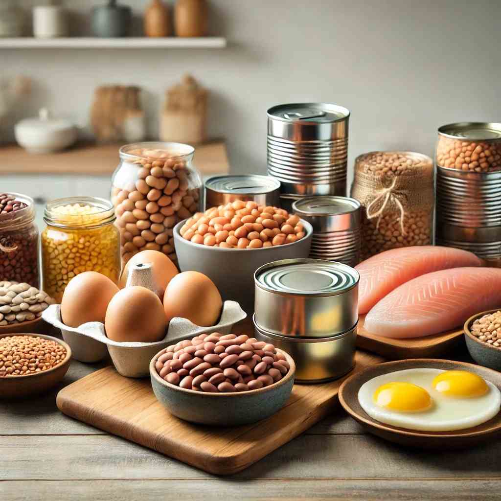 Affordable protein sources including beans, eggs, and canned fish