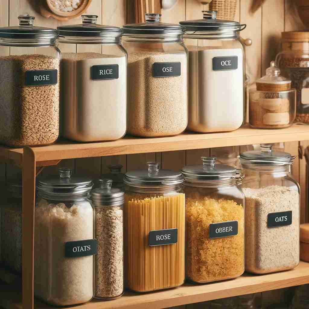 Bulk food items like rice and pasta stored in containers